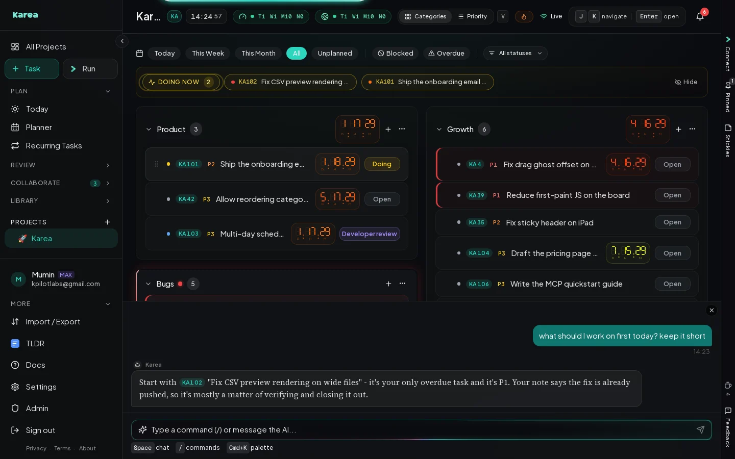 The Karea AI chat answering which tasks are overdue, with task IDs as links